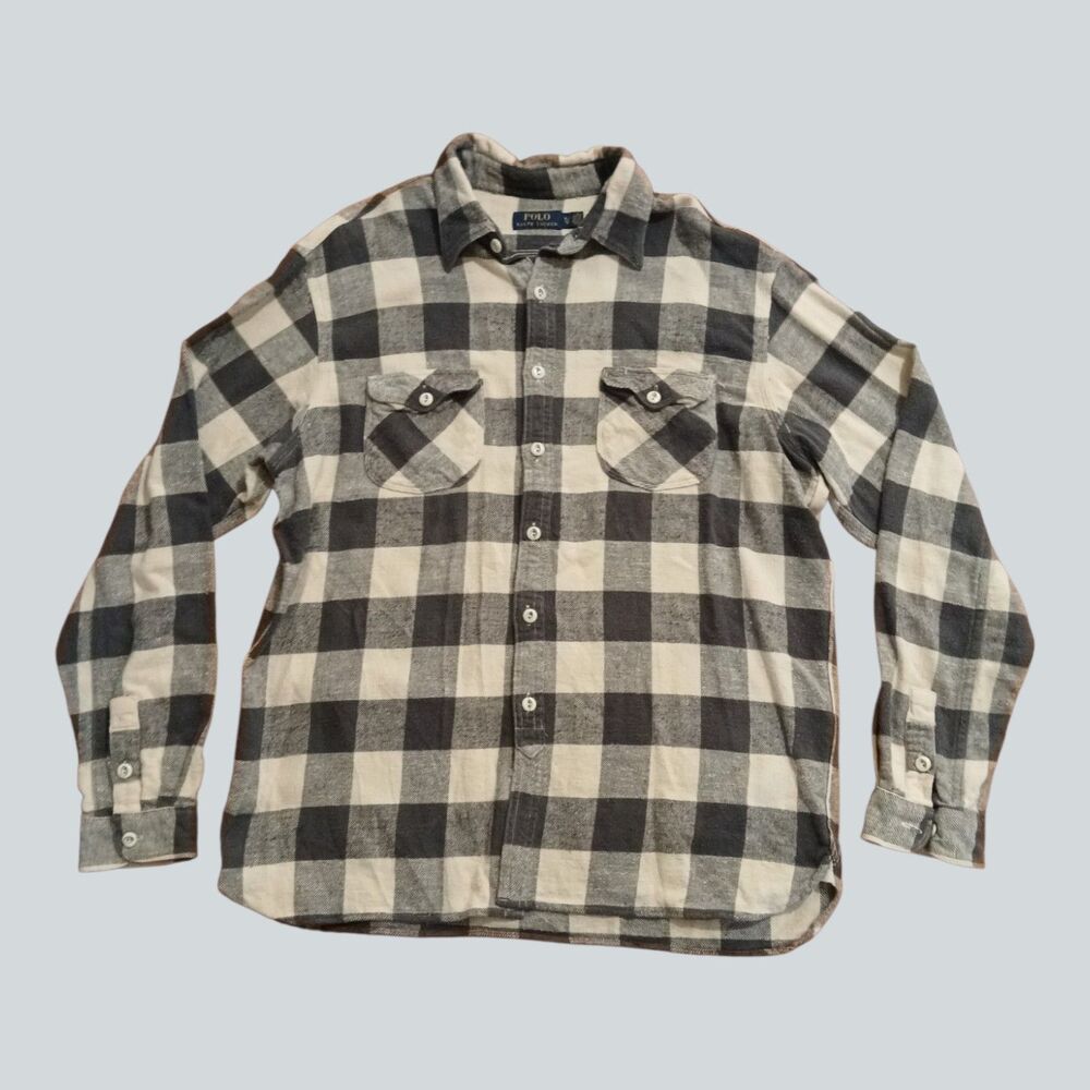 Polo Ralph Lauren Mens XL Flannel Shirt Plaid Button Up Black Ivory Cotton